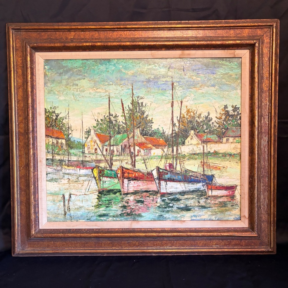 Vintage MCM Harbor Sailboat Oil Painting Impasto Mexico Carved Gold Frame